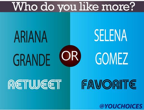 NouisxGrande's tweet photo. Who do you like more? 
Rt for Ariana Grande
Or
Fav for Selena Gomez http://t.co/A0EAsvKxzX