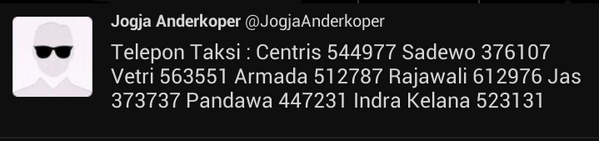 By <a href="/starjogja/">STAR FM 101.3</a>: #Jogja #Info Nomor Telepon Taksi via @JogjaAnderkoper
