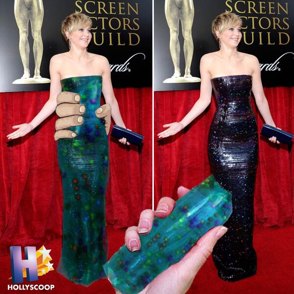 Hollyscoop's tweet photo. Our beloved #jlaw keeps us young--did her SAG dress remind you of those #watersnake toys too? #lawrencing http://t.co/vGfqsobpHT