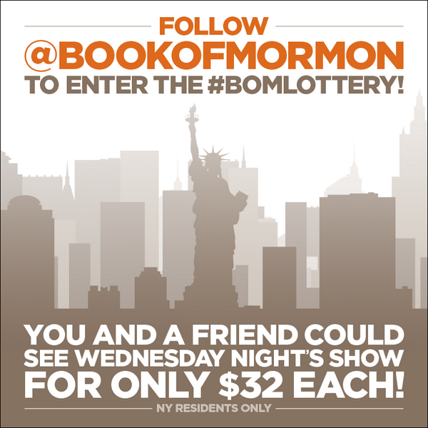 BookofMormon's tweet photo. RT &amp; follow to enter the Broadway #BOMLottery for WED 1/22! Don't miss out on $32 tix! NY residents only http://t.co/C5VgeerHoN