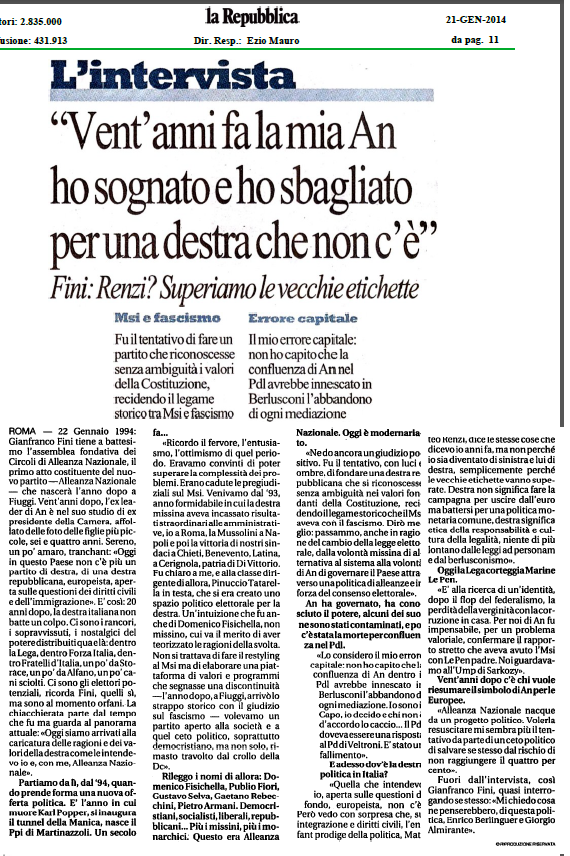 gianfranco_fini's tweet photo. #AlleanzaNazionale #ilVentennio Ho sognato e ho sbagliato per una #destra che non c'è. intervista a @repubblicait http://t.co/6lxBvAvKuT