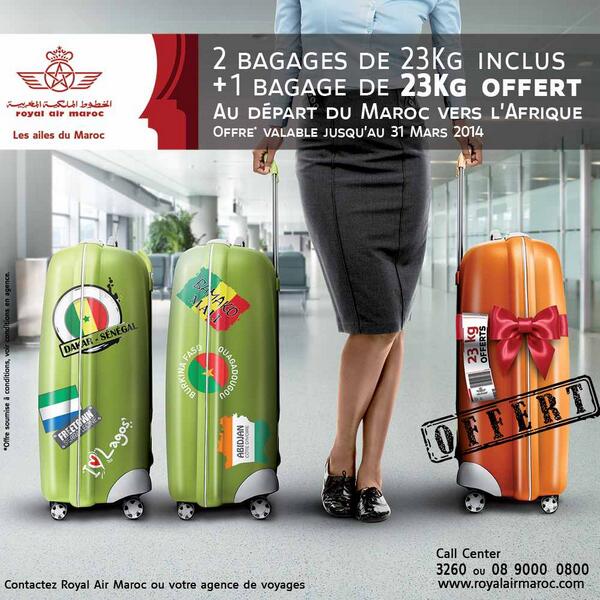 Royal Air Maroc al Twitter: "Un voyage en Afrique de prévu ? Jusqu'au 31  mars 2014, profitez d'un 3e bagage de 23 kg offert au départ du Maroc !  http://t.co/7ih7uByRpD" / Twitter