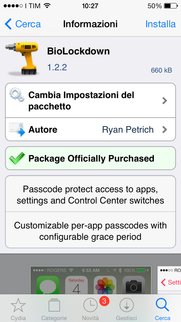 cap_uan's tweet image. Comprato a 1 euro e 50... Vediamo se vale la spesa... #Cydia #BiolockDown #TouchID #iPhone5S