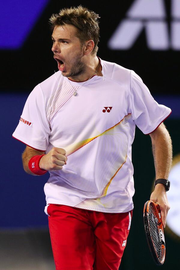 AustralianOpen's tweet photo. Stan's following the script. Breaks back for 2-2 fifth set v #Djokovic. #Wawrinka #pumped http://t.co/toMOR0VXha