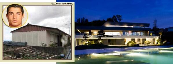 _CASASFAMOSAS_'s tweet photo. La casa de Cristiano Ronaldo en la que vivía cuando era pobre. VS La casa de Cristiano Ronaldo en la que vive. http://t.co/3JsedxVV0X