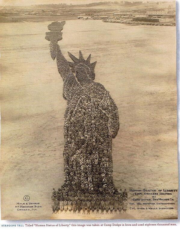 HistoryInPics's tweet photo. The Human Statue of Liberty: 18,000 men were used for this photo. Iowa, 1918. http://t.co/3DyOV2kx14