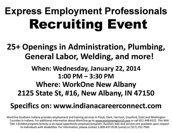WorkOneRegion10's tweet photo. HIRING EVENT: Express Employment-25+ openings: admin., plumbing, welding. Wed 1/22 1:00p-3:30p @ #WorkOne New Albany. http://t.co/xjvkvVN3CB