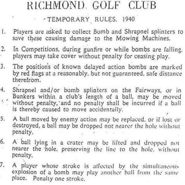 Amazing: Temporary rules posted at Britain's Richmond Golf Club after German bombs hit the course in 1940