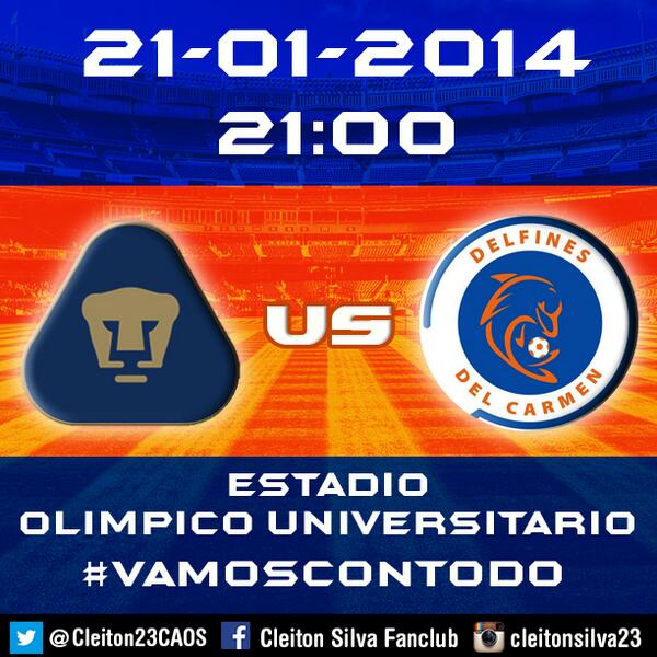 Cleiton23CAOS's tweet photo. Hoy jugamos la vuelta contra Pumas! Necesitamos vuestro apoyo! @DelfinesFutbol @PumasMX @LIGABancomerMX #CopaMX http://t.co/0VSffTYxER