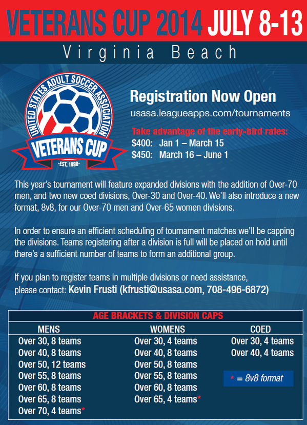 Register Now for the 2014 Veterans Cup! <a href="/USAdultSoccer/">USASA | US Adult Soccer</a> #USASAVeteranscup