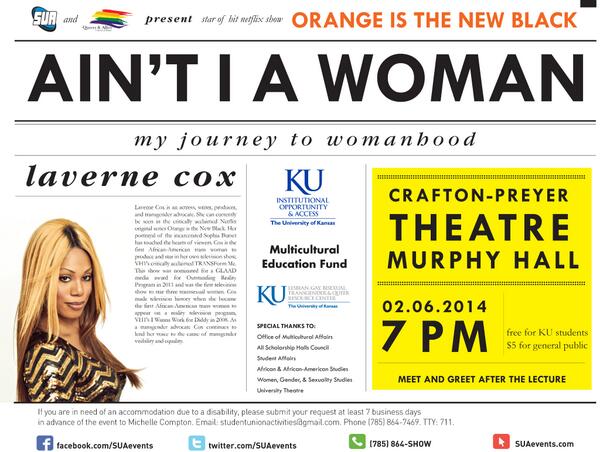 LAVERNE COX IS COMING TO KU! 2/6 7pm. #LAVERNEatKU #OITNB #KU4COX <a href="/suaevents/">Student Union Activities KU</a> @KUQandA <a href="/KU_OMA/">KU OMA</a> @KU_SILC <a href="/liedcenterks/">Lied Center of KS</a>