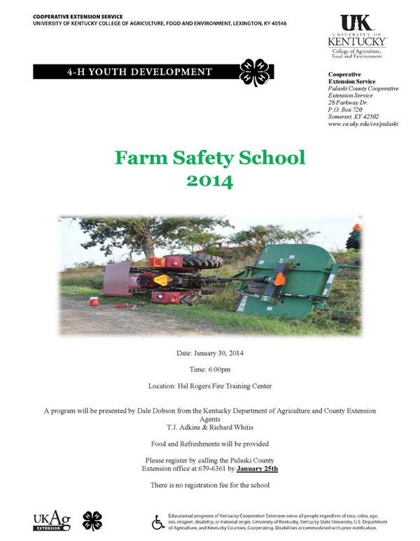 PulaskiCo4HKY's tweet photo. Farm Safety School is Jan 30! Please call the Pulaski Co. Coop. Ext. Service to sign up by Jan. 25th at 606-679-6361 http://t.co/WI0lck5KR2