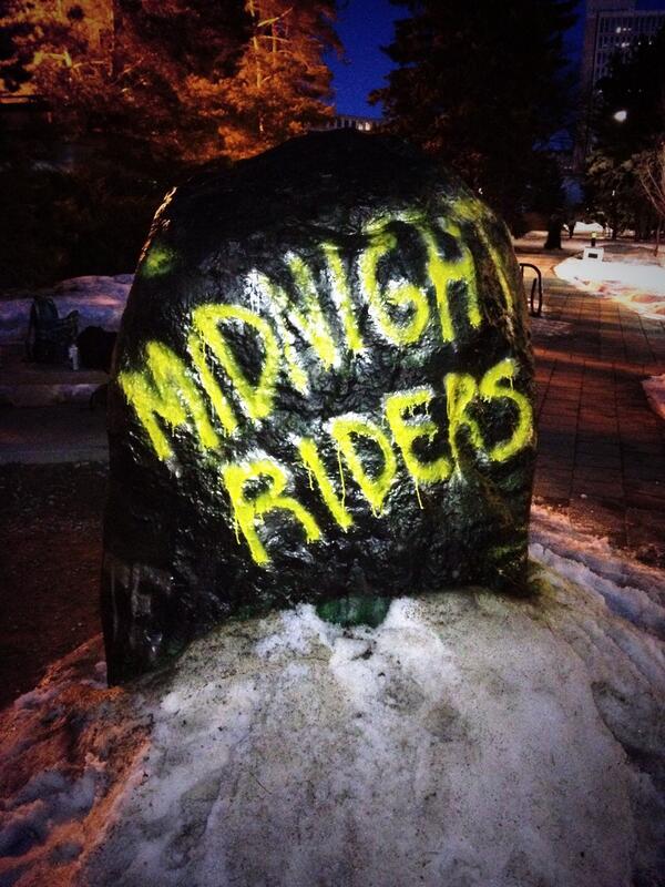 MidnightRiders1's tweet photo. We've painted the rock twice now, here's the first paint job in case anyone missed it #Frostbite2014 @FrostbiteUofC http://t.co/XoVVnvquTq