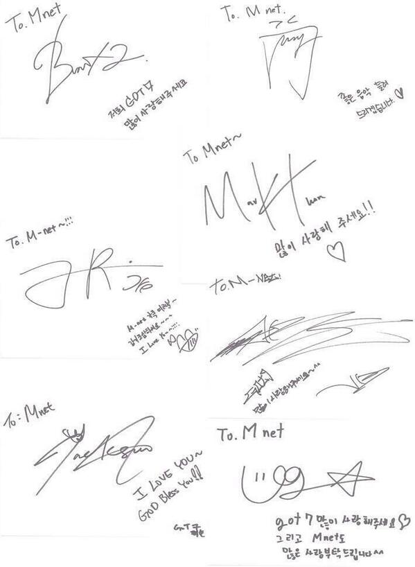 GOT7's signature for MNET. Cr.0309yes. Via.@YJgot7_TH