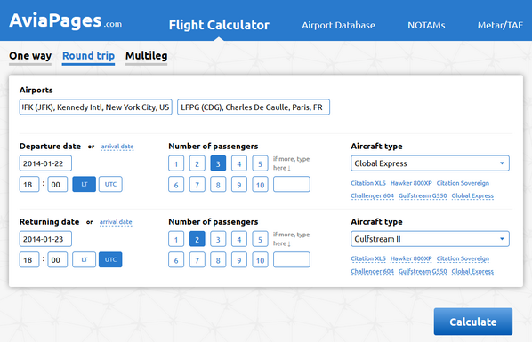 AviapagesCom's tweet image. #FlightCalculator just got friendlier: now you can choose between one way, multileg or round trip flight types #bizav