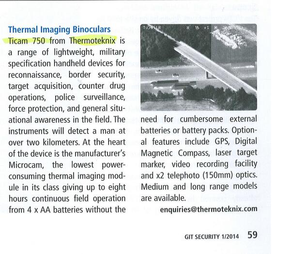 Thermoteknix's tweet image. Our #TiCAM750 featured in #GITSecurity    #thermalimaging