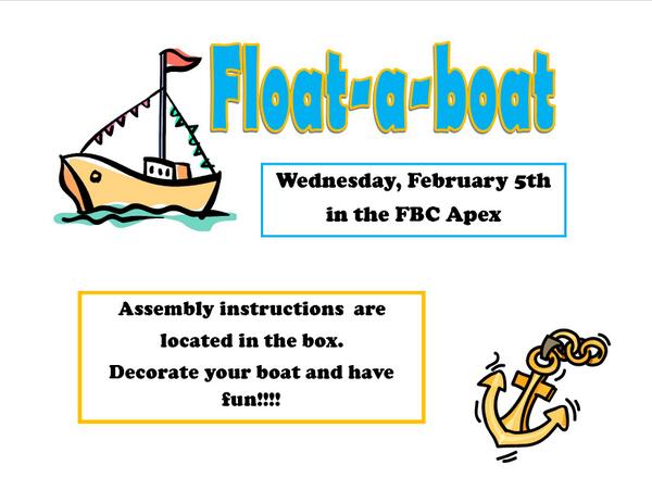 FBCKidsZone's tweet image. Our first Float-a-boat race is Feb.5th in the Apex! This is going to be so much fun!! #floataboat #marksetgo