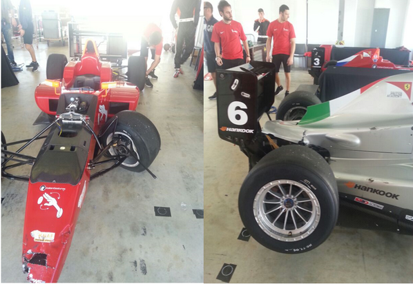 insideFDA's tweet photo. #FWS #CollectiveTest Verstappen's and @Anto_Fuoco's cars after the crash http://t.co/FLpjx1ta33