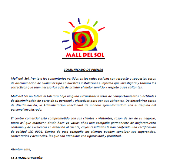 MALLDELSOL_EC's tweet photo. Nuestra posición frente a comentarios vertidos sobre casos de discriminación es la siguiente: http://t.co/XYxFCA7hEr