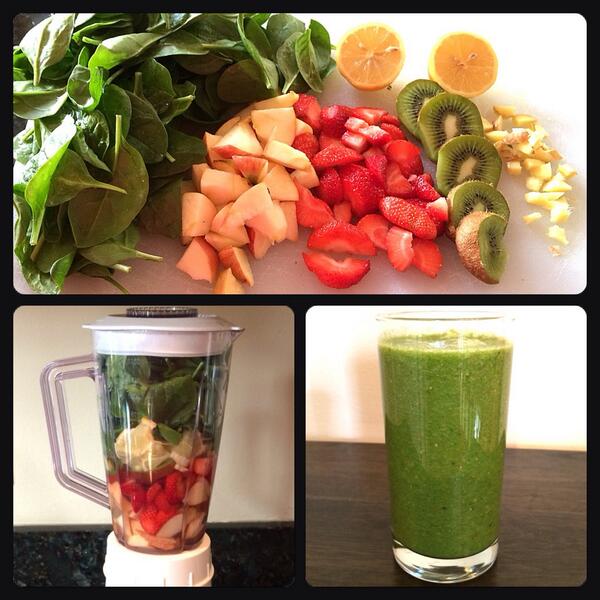 JeanetteJenkins's tweet photo. Smoothie Wednesday! Spinach, Apple, Strawberry, Kiwi, Lemon, Ginger, Ice & water! #qlchallenge #SexyAbsCardioSculpt http://t.co/5SPJRTMvh9