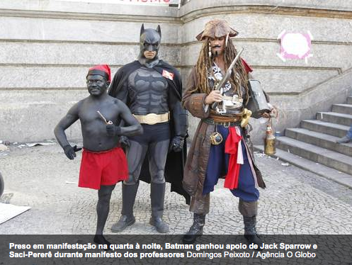 globomente's tweet image. Reza a lenda que o Batman do Leblon já ganhou apoio de Jack Sparrow e Saci-Pererê durante manifestação #AcordaBrazil