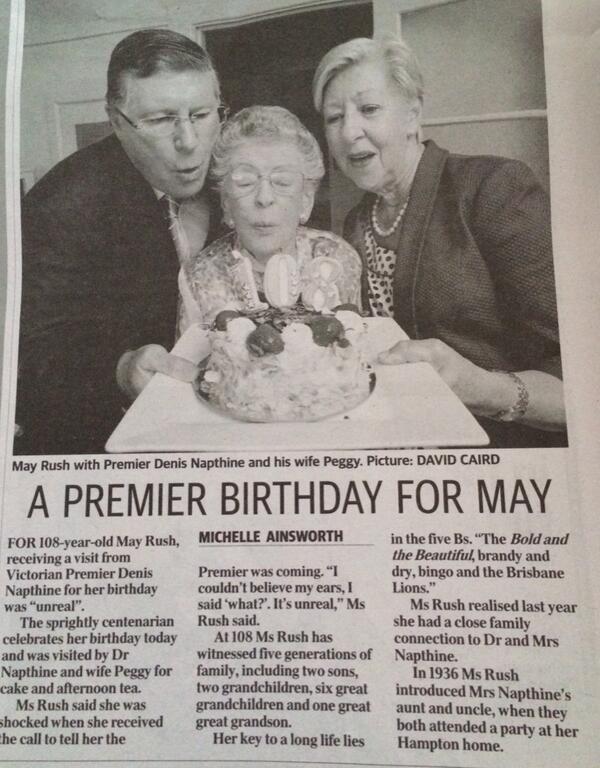 DonnaJBauer's tweet image. Happy 108th birthday May, one of our Century Club members. Lovely pic of you in today's @theheraldsun @Vic_Premier