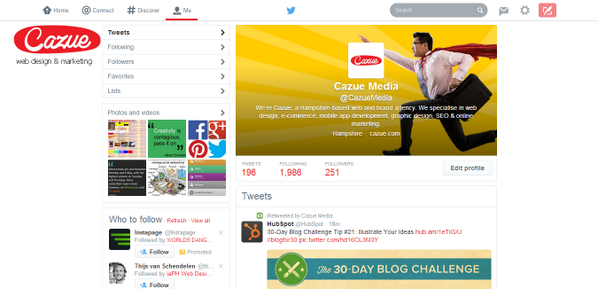 CazueMedia's tweet photo. We've got the new http://t.co/t1KAFQeyvn design. Very snazzy - liking the new clean look! What do you think? #Twitter http://t.co/cX2LEiNWyo