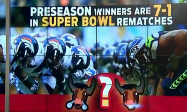 FFD's tweet photo. In the past 25 yrs, preseason winners are 7-1 in Super Bowl rematches (SEA def. DEN 40-10 this preseason). 
#bullstat http://t.co/CmfCemr4Kq