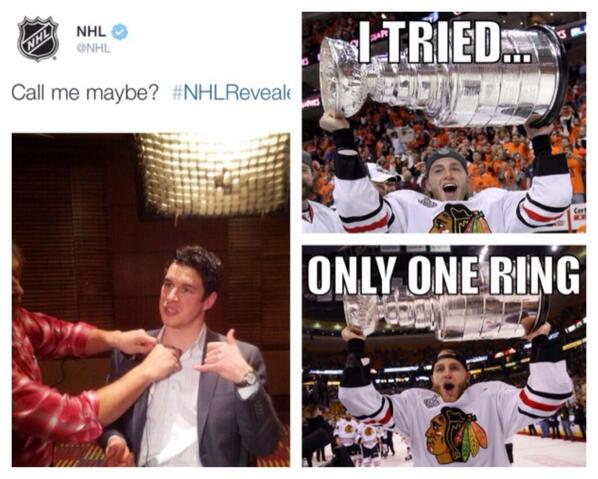 ouddy_5000's tweet photo. Crosby: Call me maybe?

Kane: I tried... Only one ring! http://t.co/3gFki1rHOP