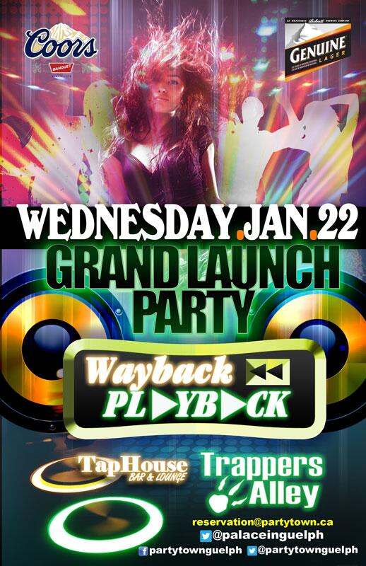 PartytownGuelph's tweet photo. Launch party of NEW weekly night! WAYBACK PLAYBACK at @TrappersAlley! @SamuelHall_20  @ckiely @KylaDuncanson http://t.co/5H72EjQrD4
