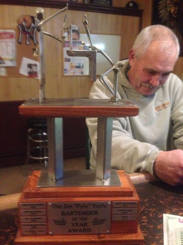 affelt's tweet photo. 2014 Jim "Pyle" Yerly Bartender of the Year Award #prestigiousaward #goodcompany @mhouse6 @trsment #leehansen http://t.co/zrvTq9TrHX