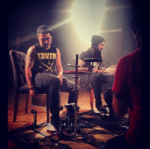 suicidesilence's tweet photo. "Filming a drum vid with my boy @ericwcar for @fusetv #metalheadtohead #NAMM2014" - @lopezalex http://t.co/CTi73PpUiL