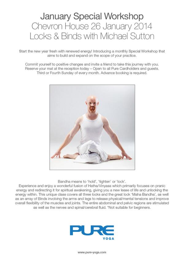 PureYogaSG's tweet photo. Kick start 2014 with Michael Sutton for Locks and Binds on 26 Jan at Pure Yoga Chevron House! http://t.co/uAuZKhAUcY http://t.co/4iCLsaTYf0