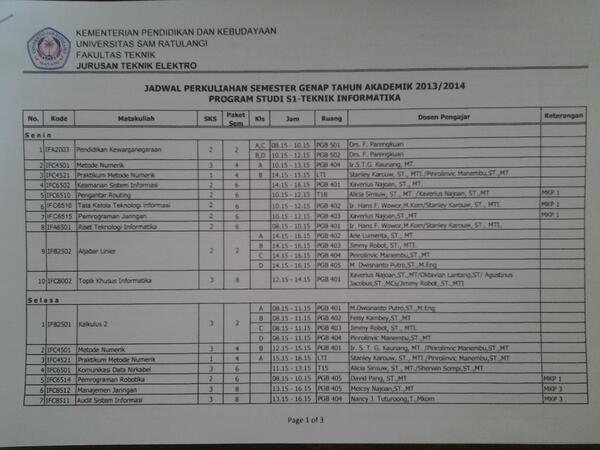 VTulenan's tweet photo. [1] Jadwal kuliah Teknik Informatika Unsrat Sem. Genap 2014 @TEUnsrat2010 @HME_Unsrat2011 @TIUNSRAT2012 @ElekElik http://t.co/LmrVS2cz1k