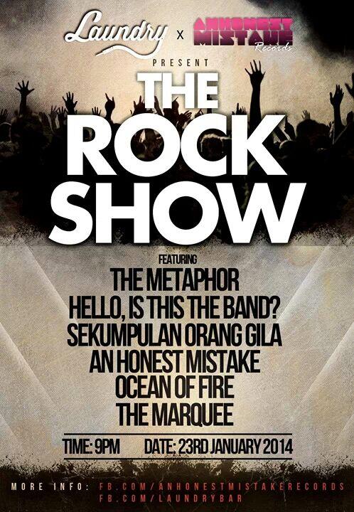 Gig: Tonight at Laundry Bar. The Metaphor, <a href="/ahmband/">An Honest Mistake</a>, <a href="/hellotheband/">HELLOISTHISTHEBAND</a>, <a href="/TheMarqueeMusic/">The Marquee</a>, <a href="/weareSOG/">Sekumpulan Orang Gila</a> and more to play.