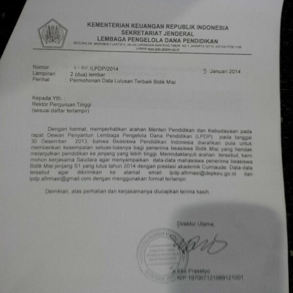 Tawaran Beasiswa studi lanjut bagi penerima Bidikmisi lulus cumlaude..