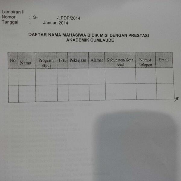 Form isian Tawaran Beasiswa studi lanjut bagi penerima Bidikmisi lulus cumlaude..