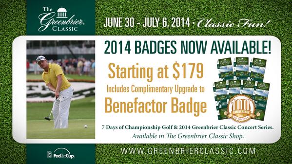 The_Greenbrier's tweet photo. RT and Follow for a chance to win a 2014 @GBRClassic Badge for 7 days of #Golf and Concert Series tickets! http://t.co/5ZFgEvWtKv