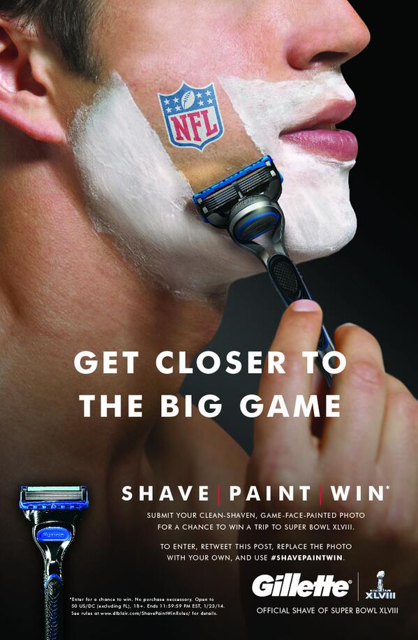 Gillette's tweet photo. RT w/ a pic of your painted game face for a chance to win a Super Bowl trip! #ShavePaintWin http://t.co/dNeiYUEWP1 http://t.co/uHKLQwgA2l