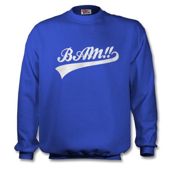 What you think of our blue and white "BAM!!" sweatshirts?? Follow instagram <a href="/BamClothingLine/">BAM!! </a>
