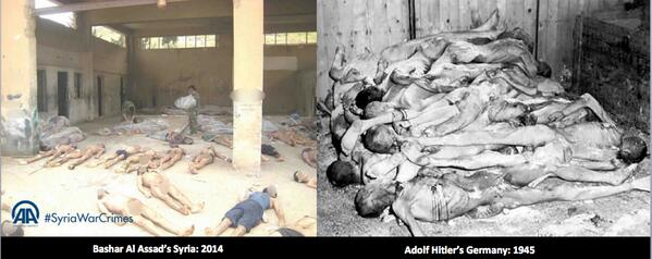 YallaIr7al's tweet photo. 'Never again?' ... Bashar Al Assad's Syria in 2014. Adolf Hitler's Germany in 1945. http://t.co/GPKVRvPI25