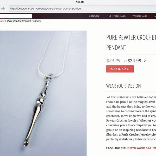 SpaceCadetYarn's tweet photo. Love this pewter crochet pendant! Wear it or use it? #WorkWithBeautifulTools http://t.co/9q5rDMZpDM http://t.co/mZxmnZfRHa