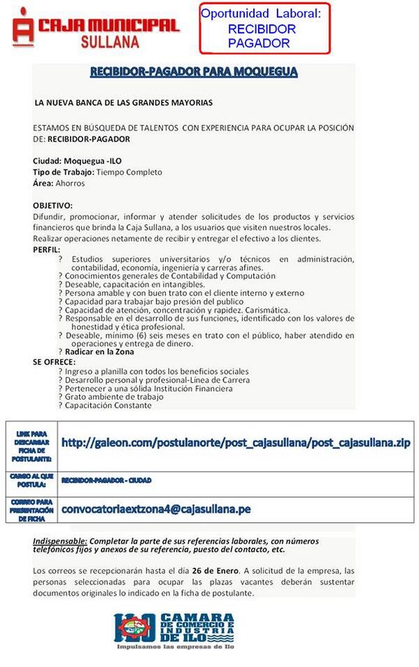 CAMARADEILO's tweet photo. Oportunidad Laboral en nuestra empresa asociada Caja Municipal de Sullana - No pierdan la oportunidad! http://t.co/DqkgEwuBaM