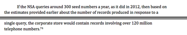 dblnd's tweet image. To repeat: 215 'corporate store' allowed NSA to analyze the calls of 120M Americans w/o reasonable suspicion #PCLOB