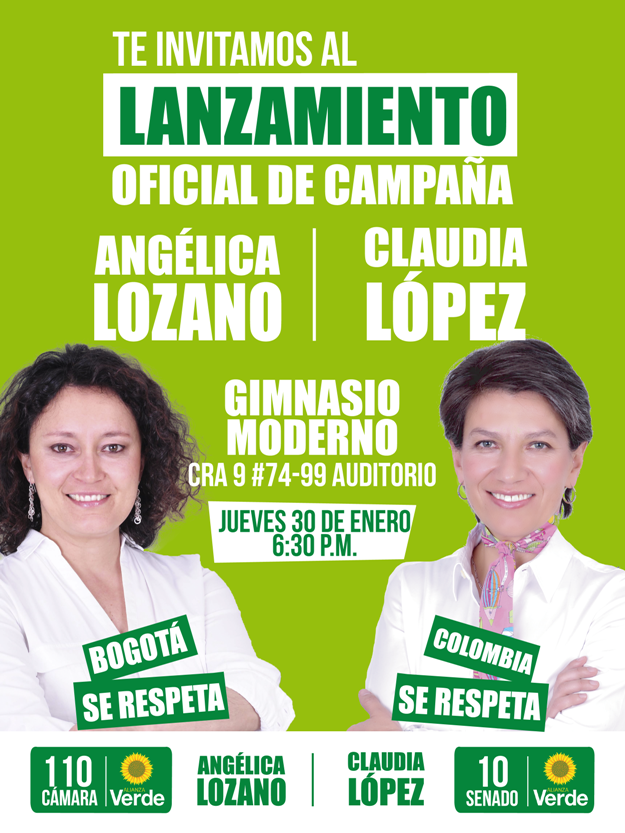 Angélica Lozano Correa on Twitter: "Jueves 30/enero lanzo oficialmente mi campaña a la cámara por Bogotá #110Verde ¿me acompañan? http://t.co/Jsnut5ii4a http://t.co/JpF2HPGOMn" / Twitter