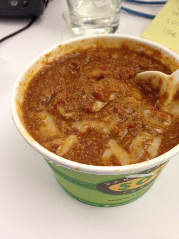 noodlemaine's tweet photo. FREE @sfsoupco today!! 2nd time I've won in the past year. This chili is delightful: http://t.co/EtdBVNmf5X