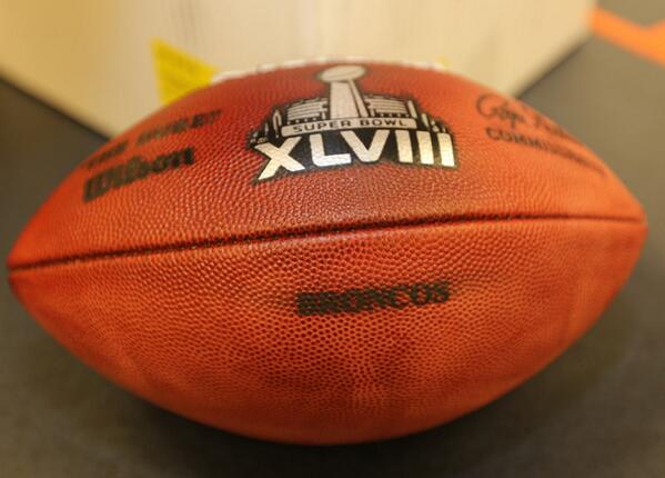 NFL's tweet photo. RT @Broncos: Here’s a look at an official game ball that will be used in #SB48 http://t.co/lxg0pdiAuM
