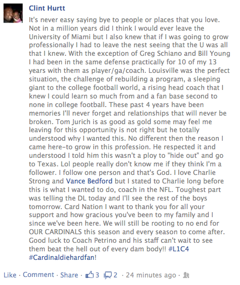 RT “<a href="/ericcrawford/">Eric Crawford</a>: Clint Hurtt posts a Facebook farewell to #UofL fans ” #Cards