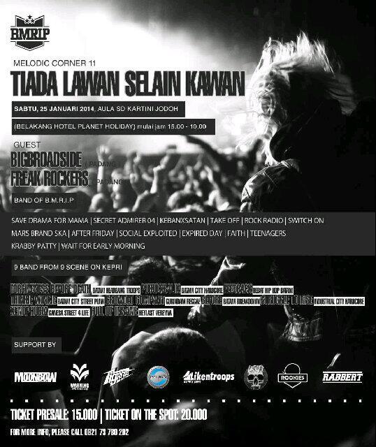 infogigsbatam's tweet photo. BMRIP present : Melodic Corner 11 " Tiada Lawan Selain Kawan " besok di Aula SD kartini ( blkg hotel Planet holiday ) http://t.co/gBXViwEuMd