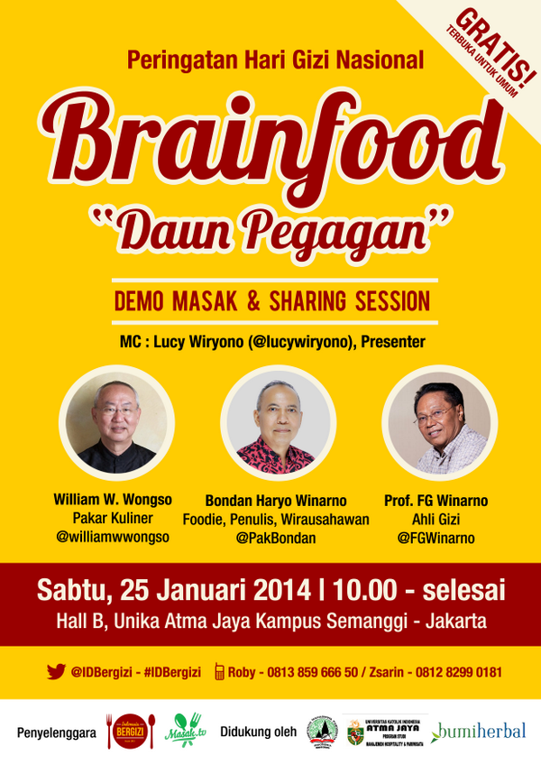 IDBergizi's tweet photo. @PolaMakanSehat besok Pak Bondan, William W. Wongso &amp; FG Winarno akan berbicara tentang brainfood di Hall B Atma Jaya http://t.co/Pjb0mr8BFU